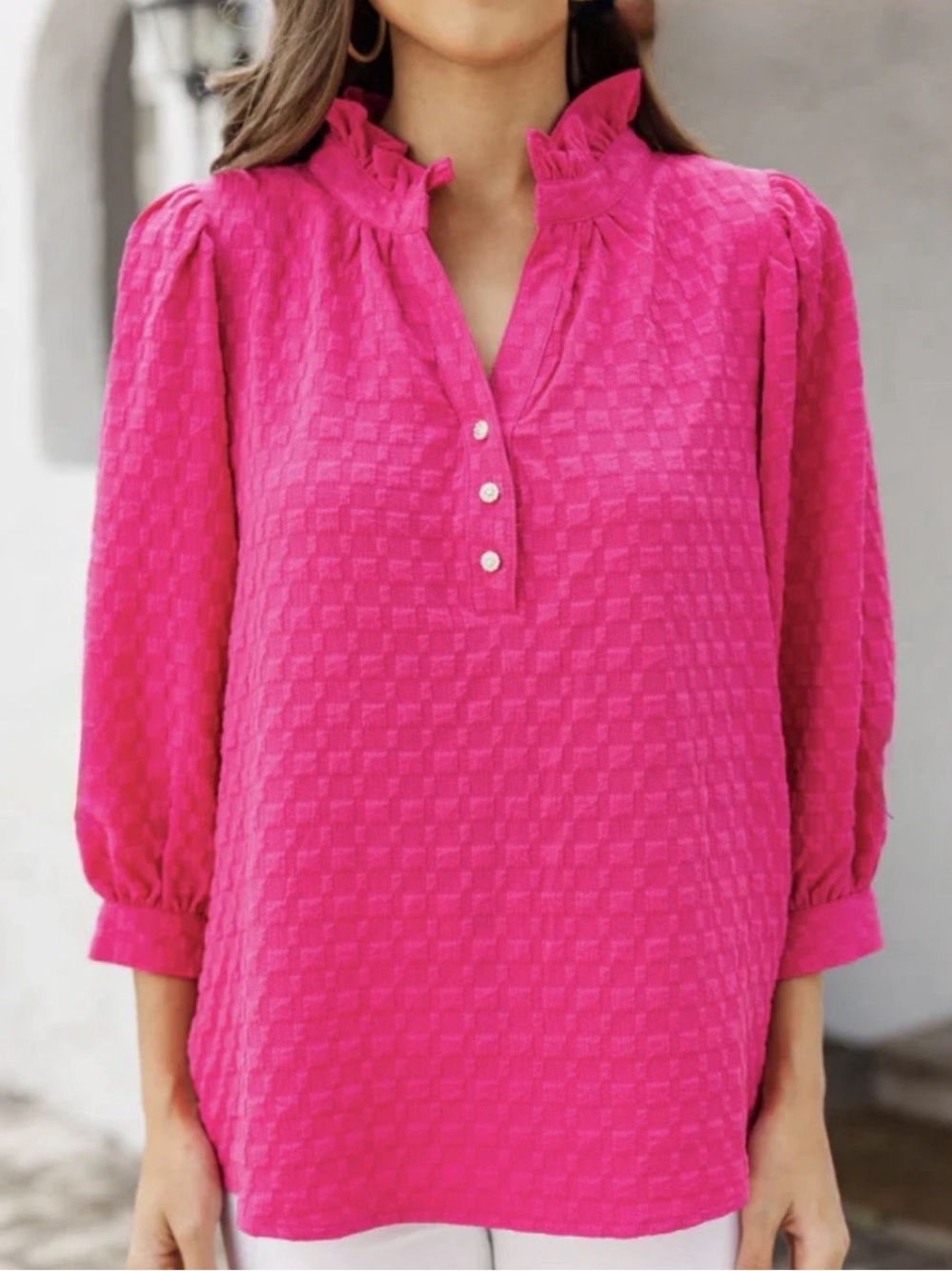 Shop the Mint Textured Knit V-Neck Pullover Blouse Ruffled Collar 3/4 sleeves M - Picture 5 of 9